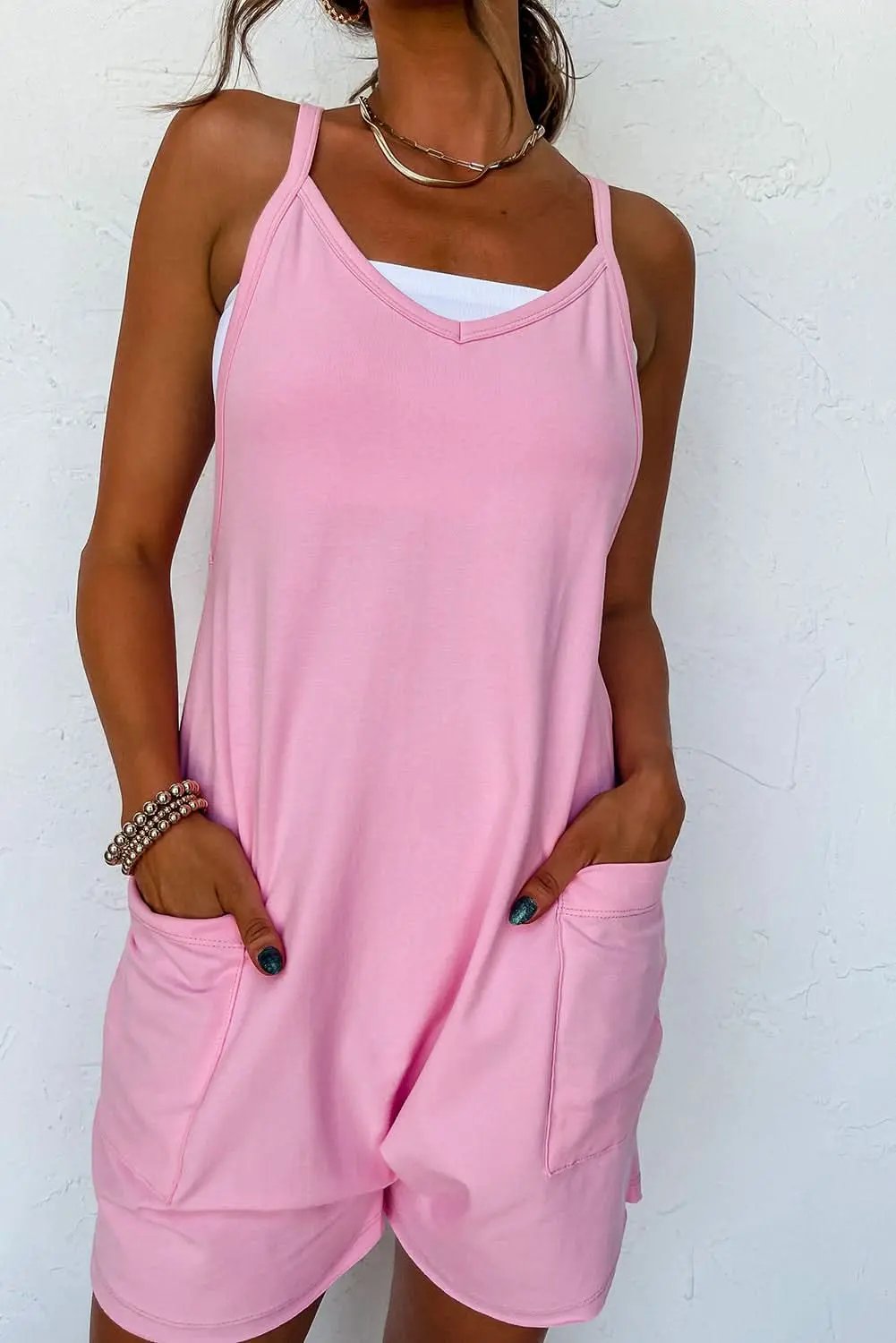 Pink Sleeveless Pocketed V Neck Jersey Romper - Love Salve